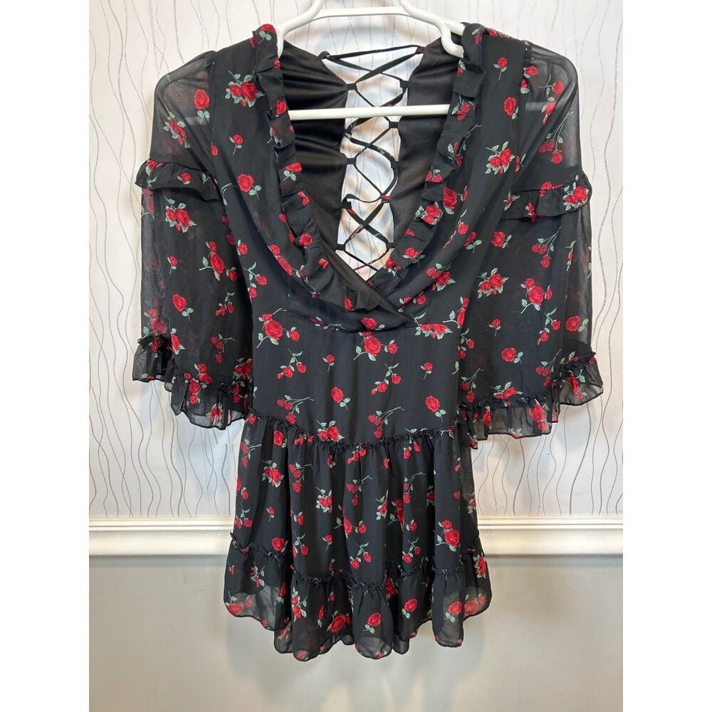 Forever‎ 21 Floral Open Back Dress Small Fairy Goth Ruffle